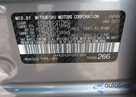 2017 Mitsubishi Outlander Es from USA, damaged, VIN JA4AD2A3XHZ031822